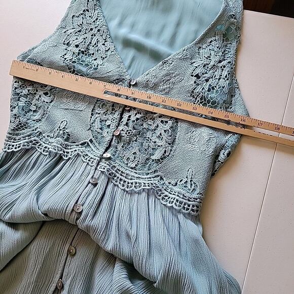 Forever 21 Button Loop Maxi Dress Seafoam Green Sleeveless Lace Cottage Prairie - Picture 6 of 10